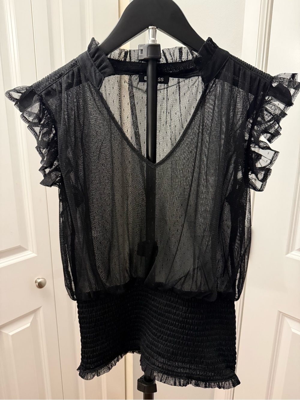 Express Black Sheer Ruffle Sleeve Smocked Hem Blouse